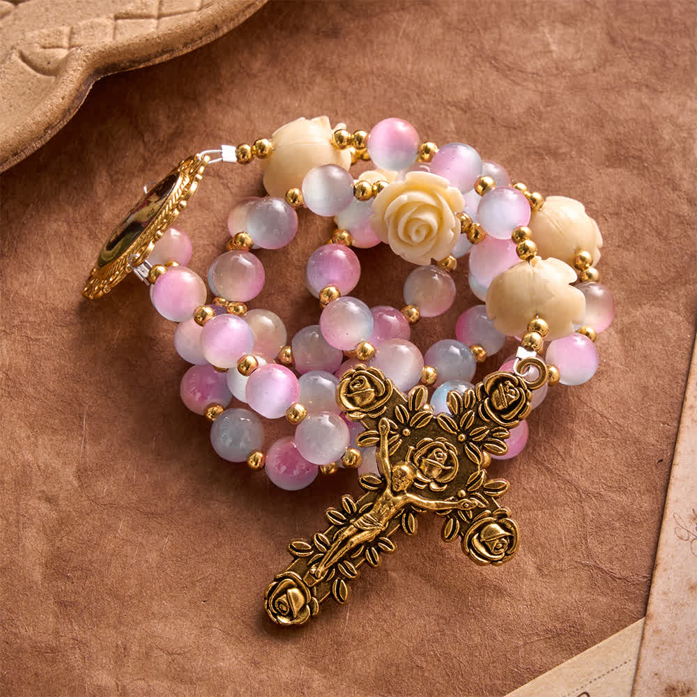 Christianartworkshop Dreamy Gradient Stained Glass Rose Rosary With St.Theresa Medallion - image 2