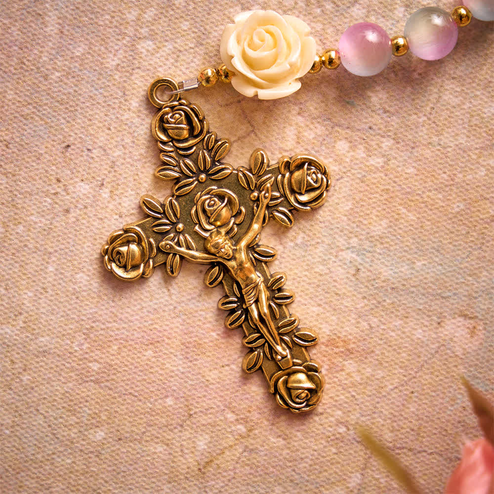 Christianartworkshop Dreamy Gradient Stained Glass Rose Rosary With St.Theresa Medallion - image 7