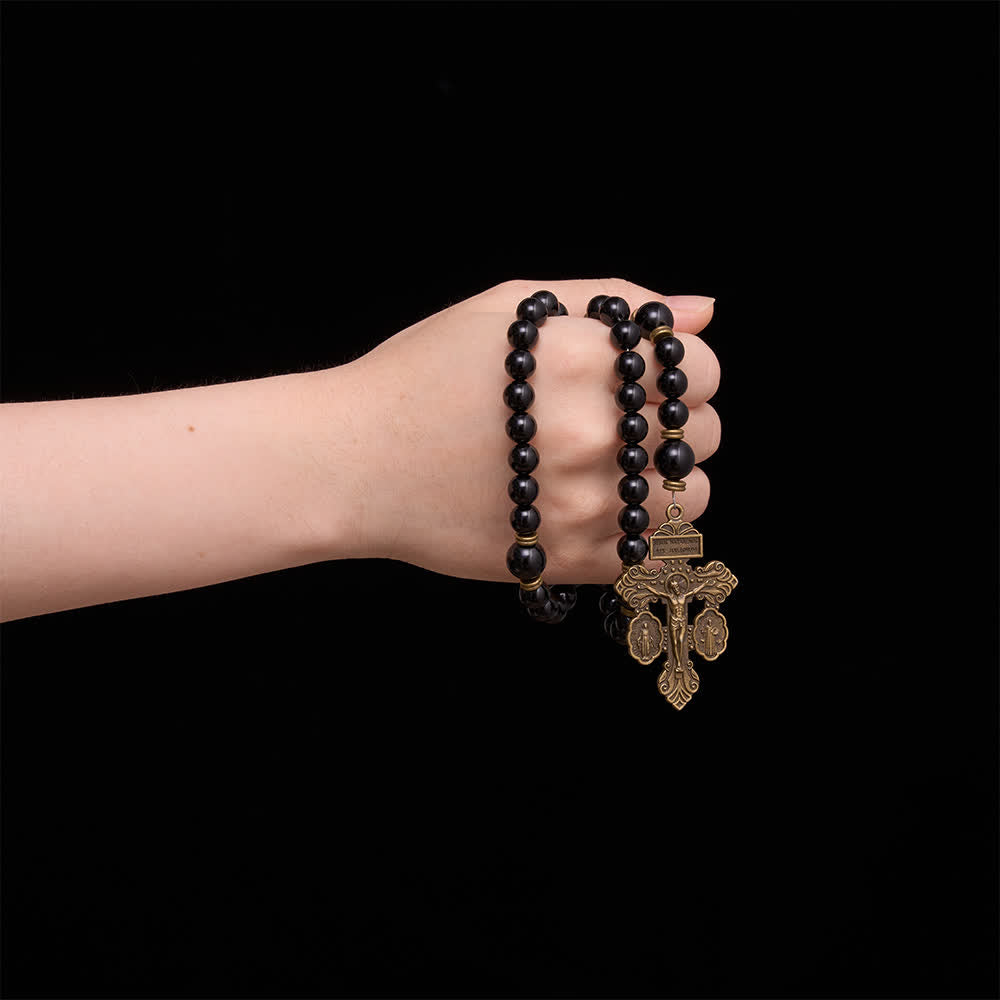 Christianartworkshop Polished Natural Obsidian St.Benedict Rosary: Emblem of Solid Heavenly Protection - image 1