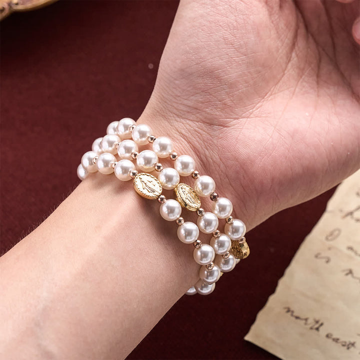 Christianartworkshop Multi-Loop Pearl Bracelet Rosary With Embossed Our Lady Medal: Emblem of Mild Heavenly Mercy - image 2