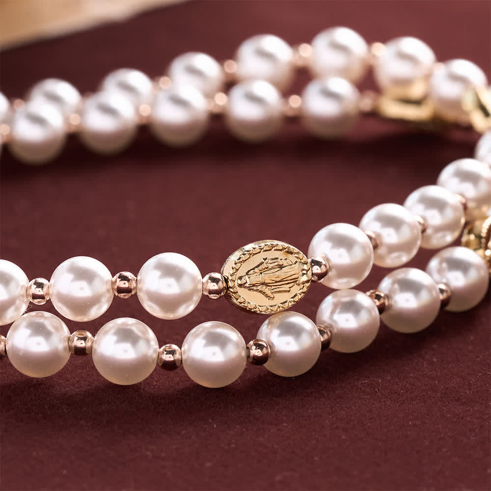Christianartworkshop Multi-Loop Pearl Bracelet Rosary With Embossed Our Lady Medal: Emblem of Mild Heavenly Mercy - image 10