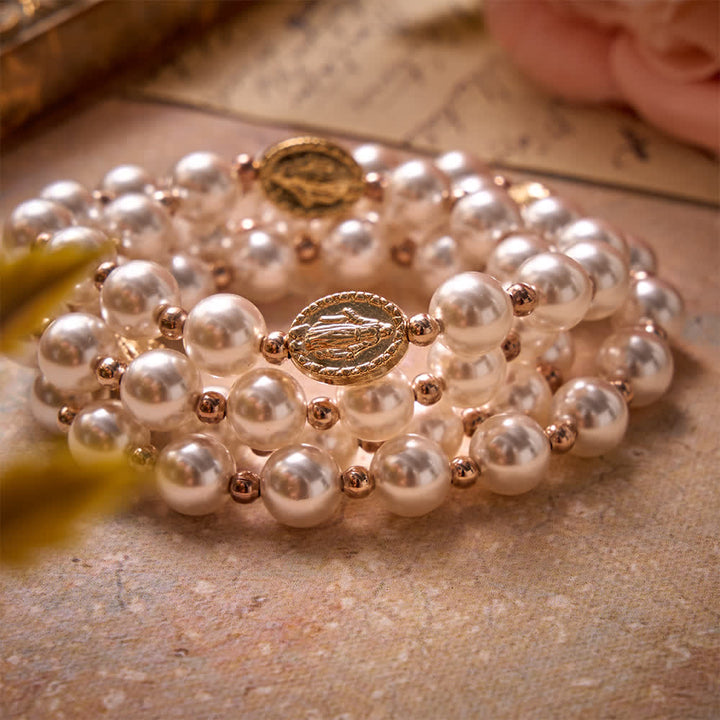 Christianartworkshop Multi-Loop Pearl Bracelet Rosary With Embossed Our Lady Medal: Emblem of Mild Heavenly Mercy - image 8