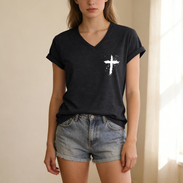 Christianartworkshop Psalms 91 Distressed Cross Knotted Hem Women's V Neck Tee - image 4