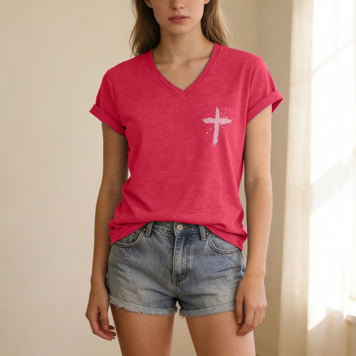 Christianartworkshop Psalms 91 Distressed Cross Knotted Hem Women's V Neck Tee - image 29