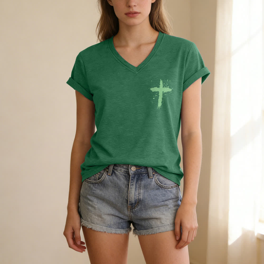 Christianartworkshop Psalms 91 Distressed Cross Knotted Hem Women's V Neck Tee - image 34