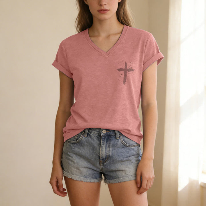 Christianartworkshop Psalms 91 Distressed Cross Knotted Hem Women's V Neck Tee - image 39
