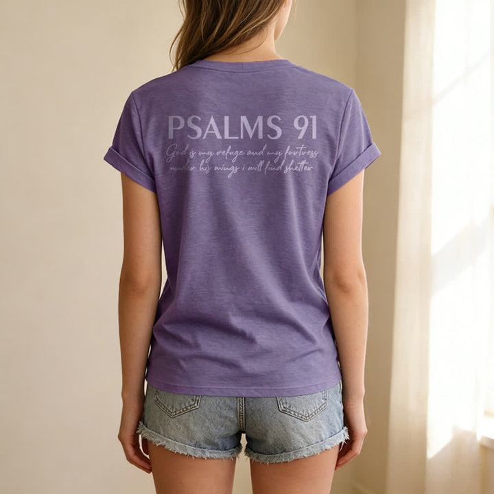 Christianartworkshop Psalms 91 Distressed Cross Knotted Hem Women's V Neck Tee - image 63