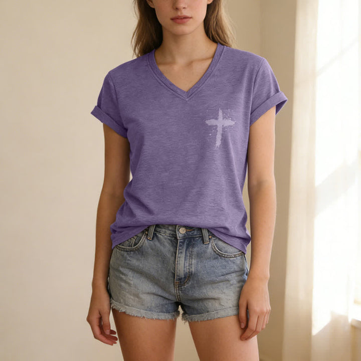 Christianartworkshop Psalms 91 Distressed Cross Knotted Hem Women's V Neck Tee - image 64