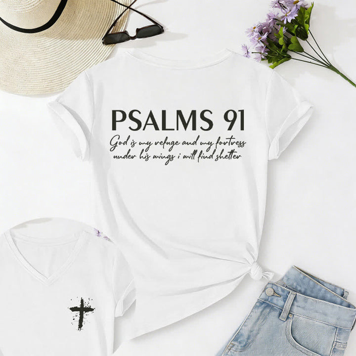 Christianartworkshop Psalms 91 Distressed Cross Knotted Hem Women's V Neck Tee - White - 2XL - image 5