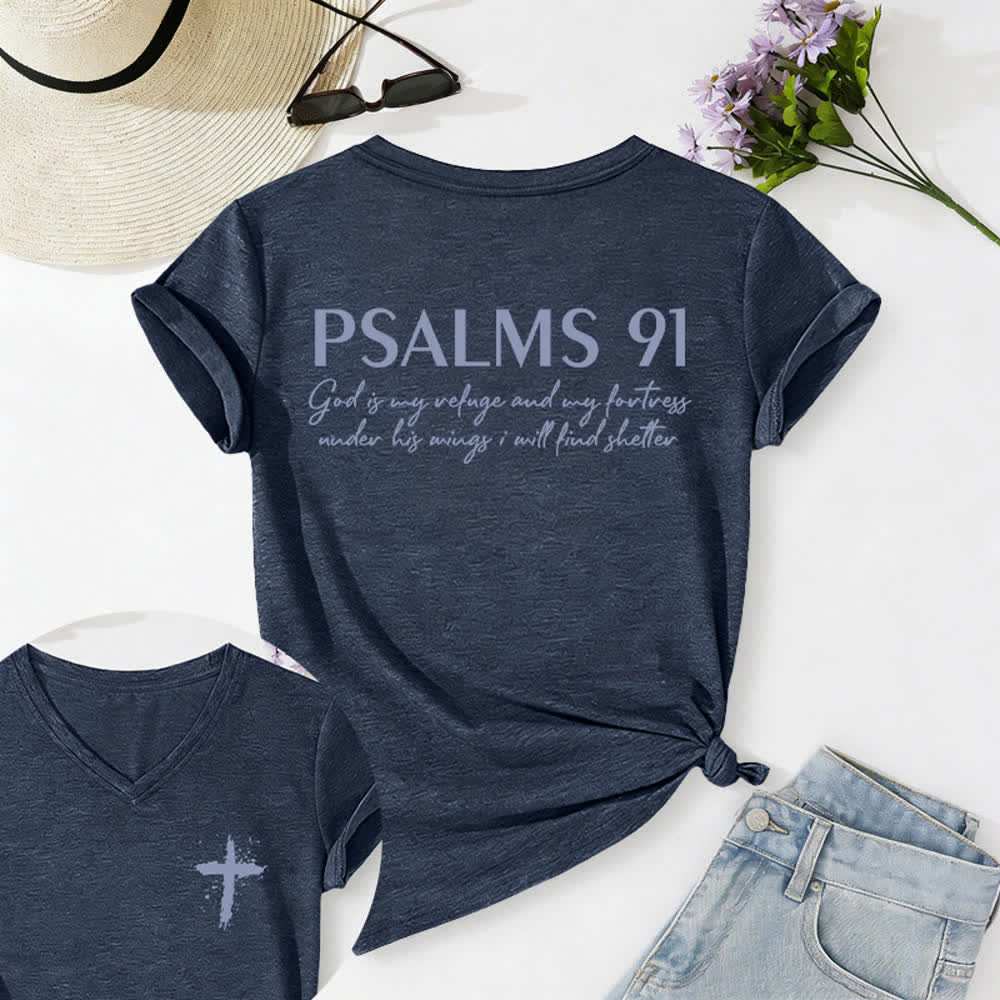 Christianartworkshop Psalms 91 Distressed Cross Knotted Hem Women's V Neck Tee - Navy Blue  - 2XL - image 15