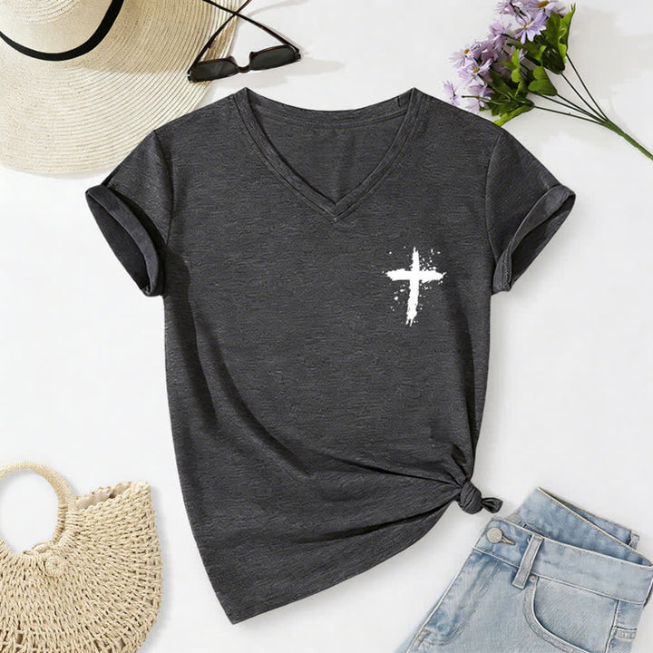 Christianartworkshop Psalms 91 Distressed Cross Knotted Hem Women's V Neck Tee - image 22