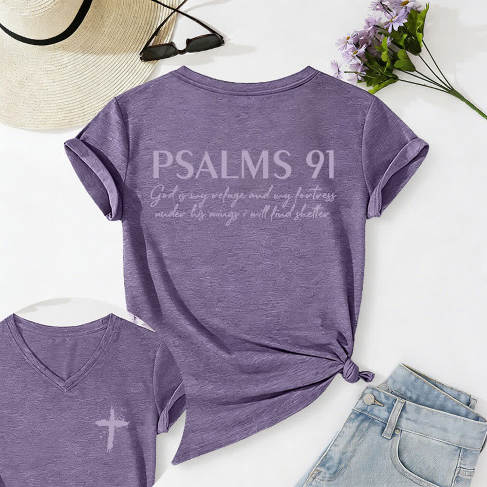 Christianartworkshop Psalms 91 Distressed Cross Knotted Hem Women's V Neck Tee - Purple - 2XL - image 60
