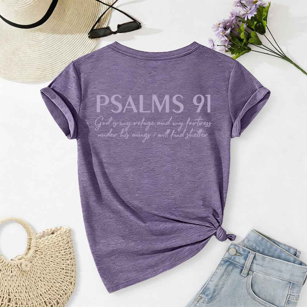 Christianartworkshop Psalms 91 Distressed Cross Knotted Hem Women's V Neck Tee - image 61