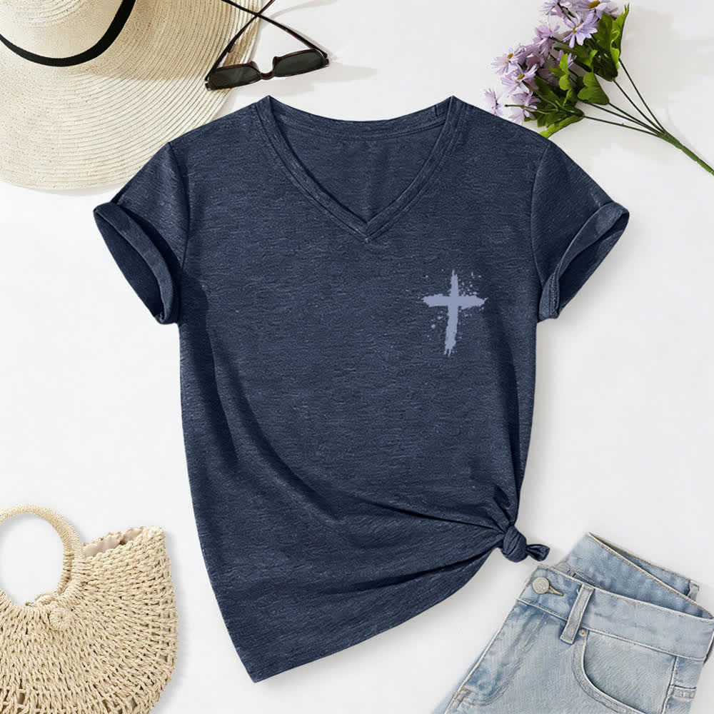 Christianartworkshop Psalms 91 Distressed Cross Knotted Hem Women's V Neck Tee - image 17