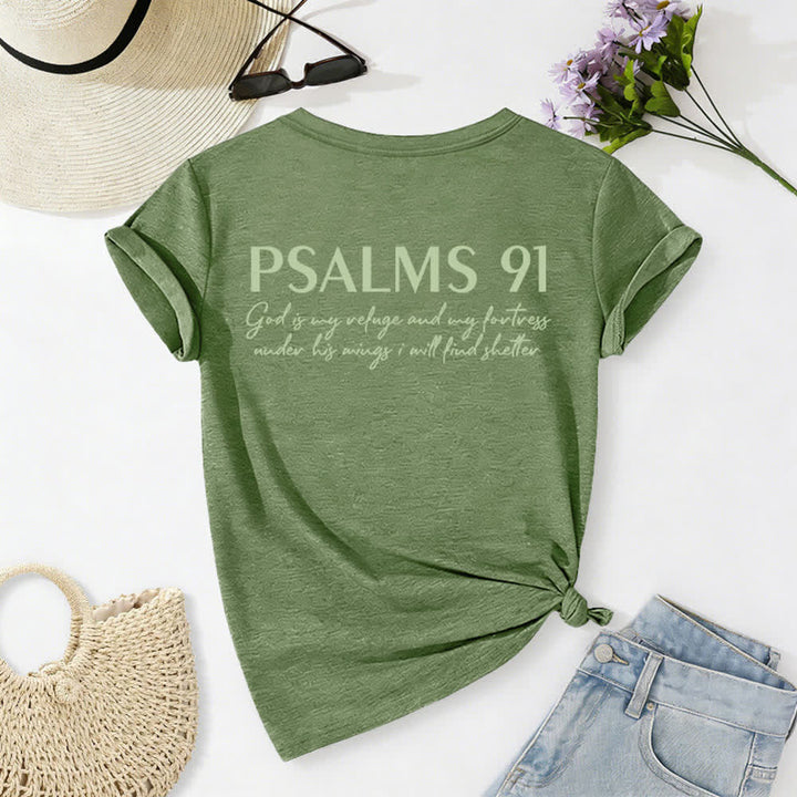 Christianartworkshop Psalms 91 Distressed Cross Knotted Hem Women's V Neck Tee - image 11