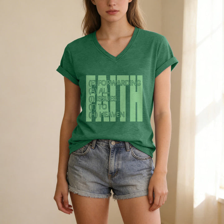 Christianartworkshop Faith Block Print Rolled Sleeve Women’s V Neck Tee - image 5