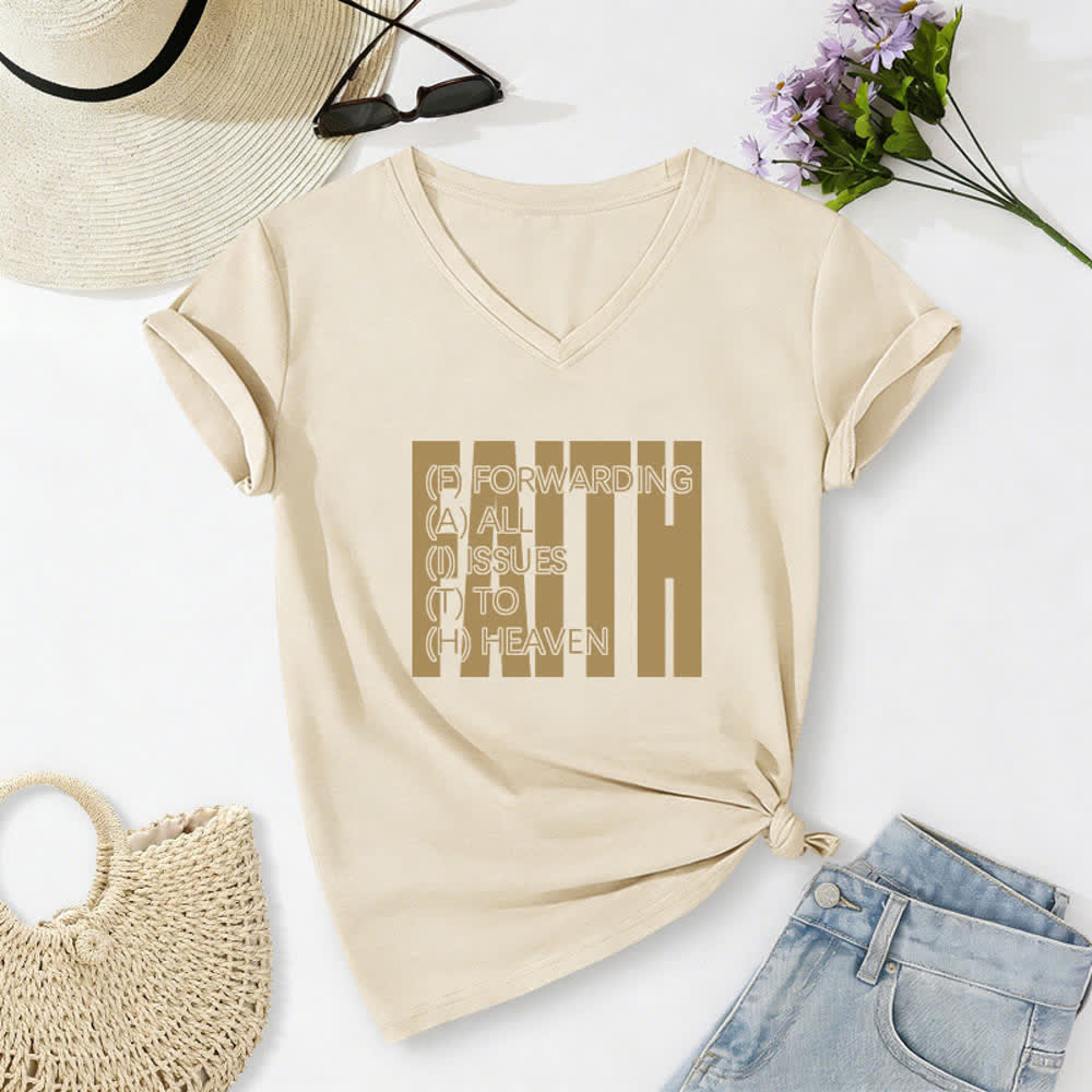 Christianartworkshop Faith Block Print Rolled Sleeve Women’s V Neck Tee - Beige - 2XL - image 24