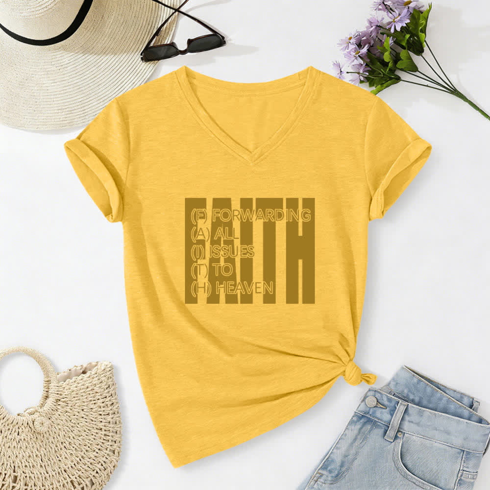 Christianartworkshop Faith Block Print Rolled Sleeve Women’s V Neck Tee - Yellow - 2XL - image 12
