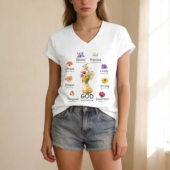 Christianartworkshop God Says You Are Floral Graphic Relaxed Womens V Neck Tee - image 3