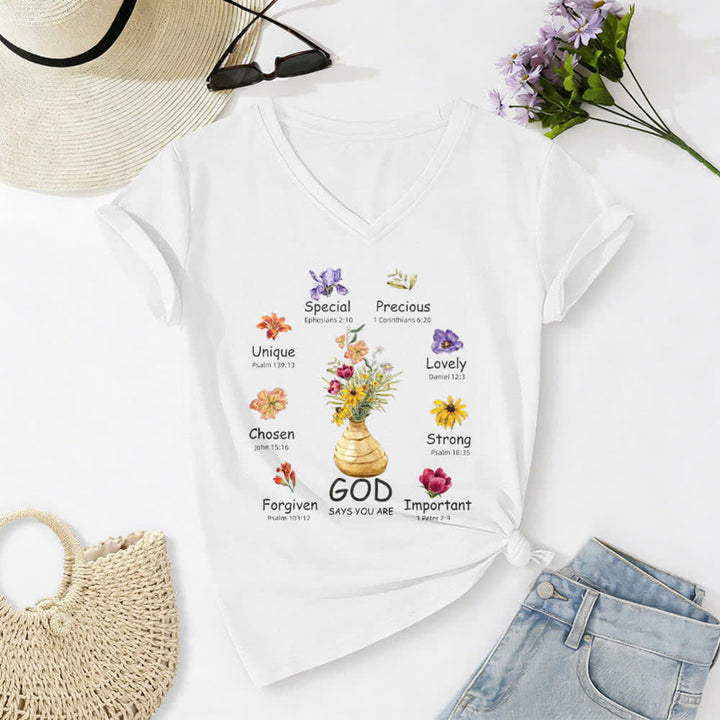 Christianartworkshop God Says You Are Floral Graphic Relaxed Womens V Neck Tee - White - 2XL - image 2
