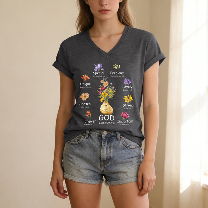 Christianartworkshop God Says You Are Floral Graphic Relaxed Womens V Neck Tee - image 15