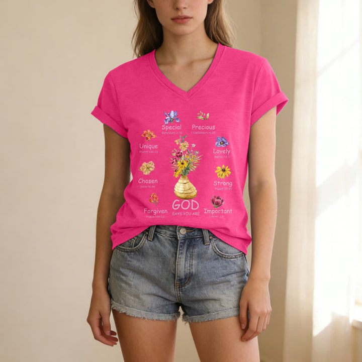 Christianartworkshop God Says You Are Floral Graphic Relaxed Womens V Neck Tee - image 21