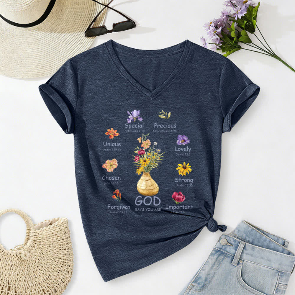 Christianartworkshop God Says You Are Floral Graphic Relaxed Womens V Neck Tee - Navy Blue - 2XL - image 0