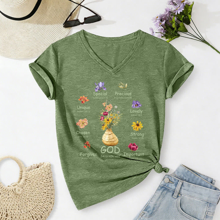 Christianartworkshop God Says You Are Floral Graphic Relaxed Womens V Neck Tee - image 18