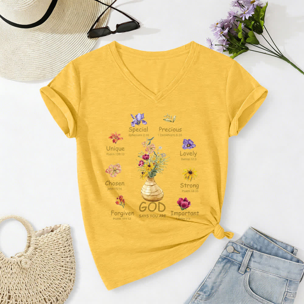 Christianartworkshop God Says You Are Floral Graphic Relaxed Womens V Neck Tee - Yellow - 2XL - image 22