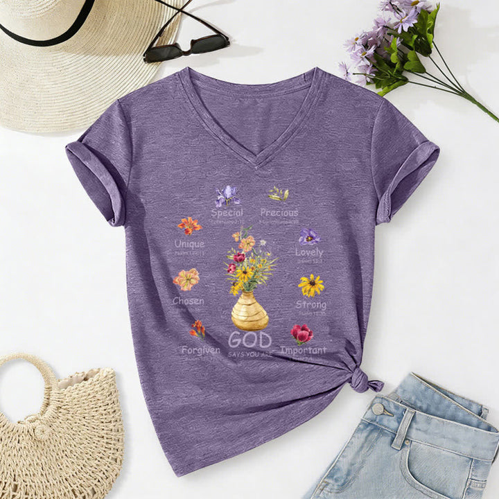 Christianartworkshop God Says You Are Floral Graphic Relaxed Womens V Neck Tee - Purple - 2XL - image 12