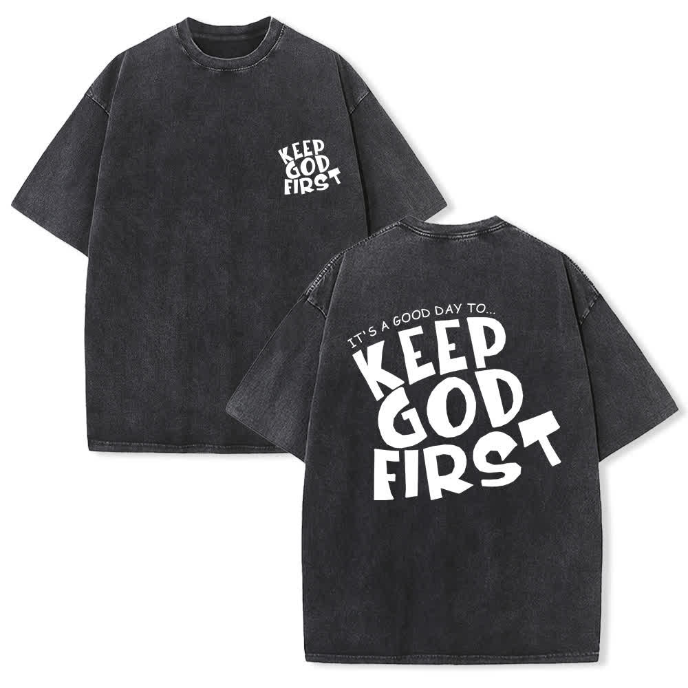 Christianartworkshop Keep God First Vintage Washed T Shirt - Black - 4XL - image 0