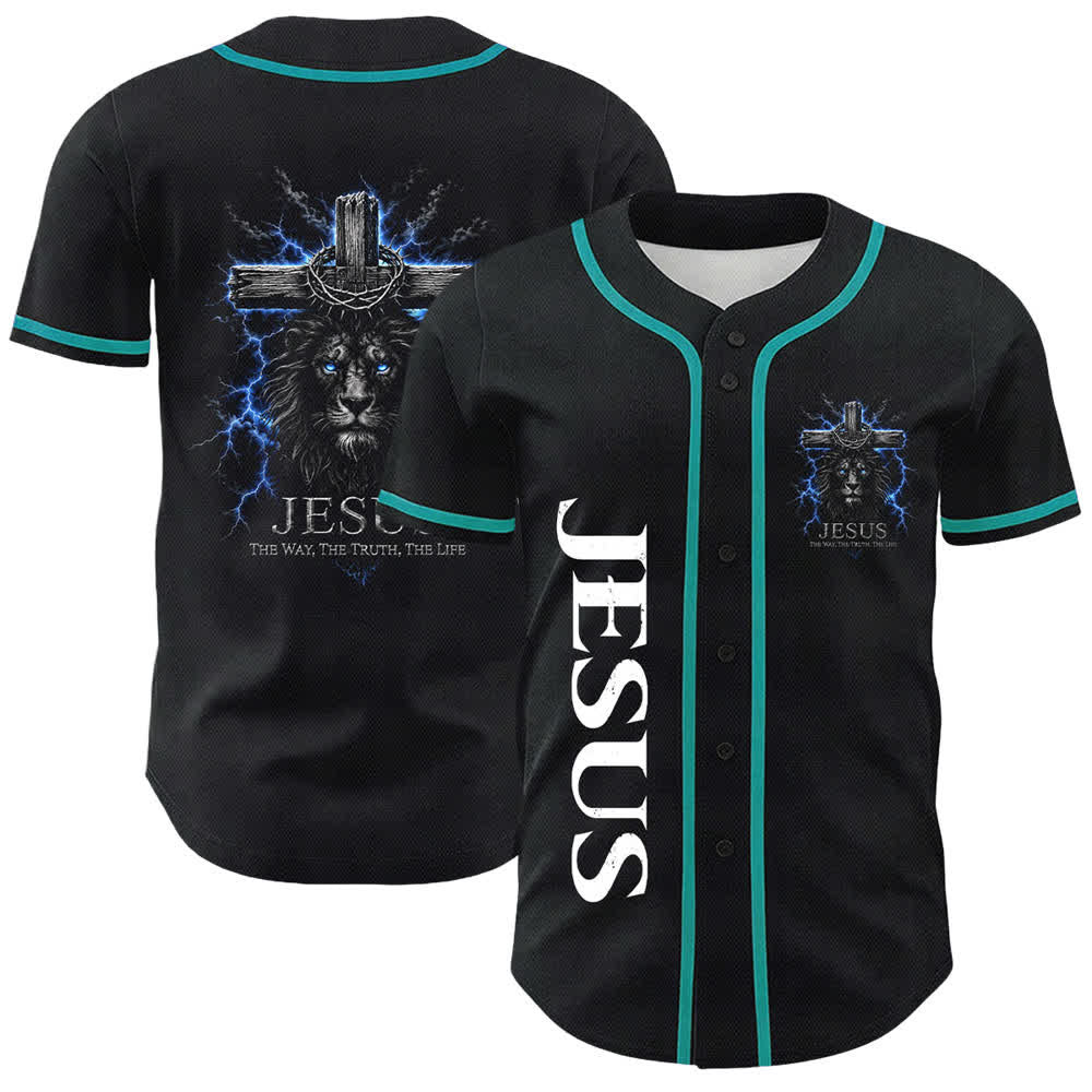 Christianartworkshop Jesus Lion Lightning Black Baseball Jersey - Lake Blue - 5XL - image 18