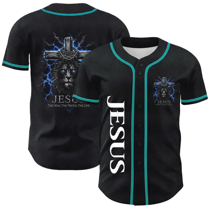 Christianartworkshop Jesus Lion Lightning Black Baseball Jersey - Lake Blue - 5XL - image 18