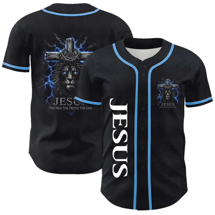Christianartworkshop Jesus Lion Lightning Black Baseball Jersey - Sky Blue - 5XL - image 0