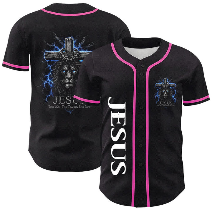 Christianartworkshop Jesus Lion Lightning Black Baseball Jersey - Pink - 5XL - image 12