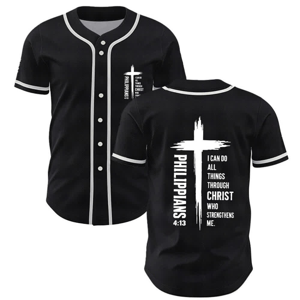 Christianartworkshop Philippians 4:13 Cross Graphic Contrast Trim Baseball Jersey - Black - 5XL - image 7