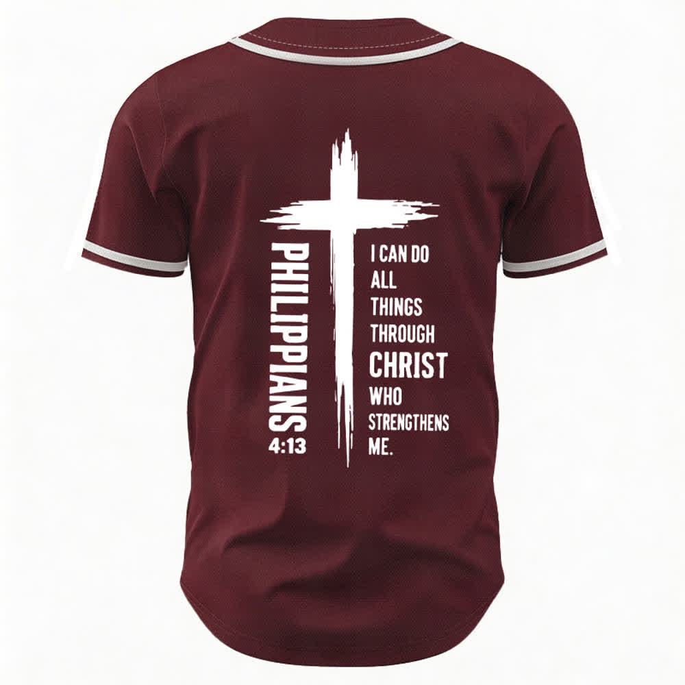 Christianartworkshop Philippians 4:13 Cross Graphic Contrast Trim Baseball Jersey - image 1