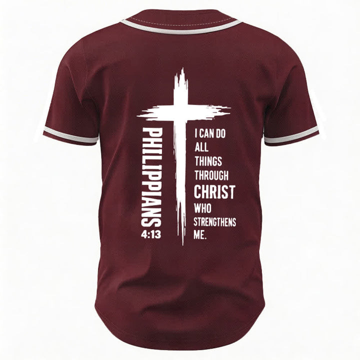 Christianartworkshop Philippians 4:13 Cross Graphic Contrast Trim Baseball Jersey - image 1