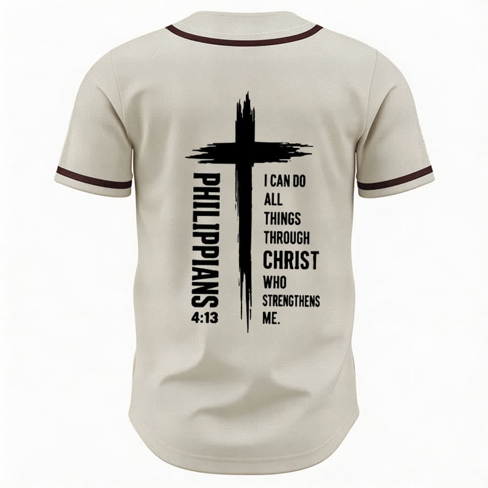 Christianartworkshop Philippians 4:13 Cross Graphic Contrast Trim Baseball Jersey - image 22
