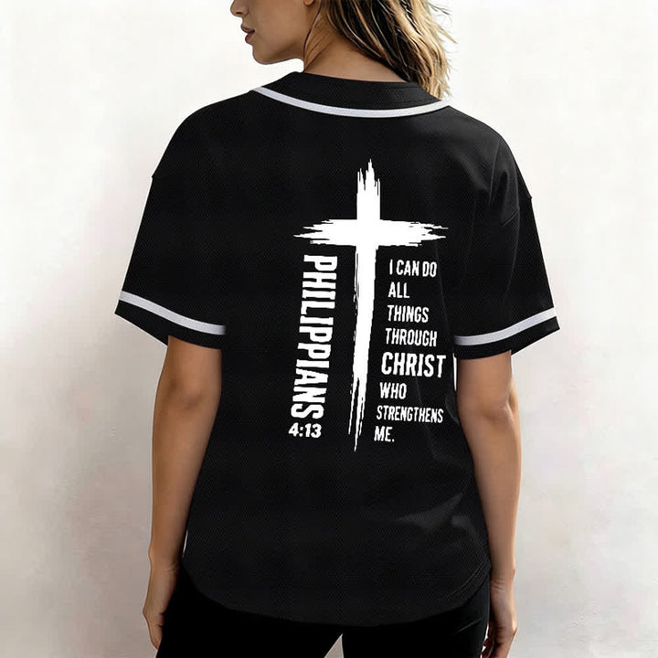 Christianartworkshop Philippians 4:13 Cross Graphic Contrast Trim Baseball Jersey - image 10