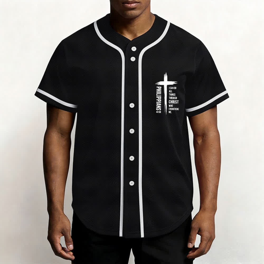 Christianartworkshop Philippians 4:13 Cross Graphic Contrast Trim Baseball Jersey - image 13