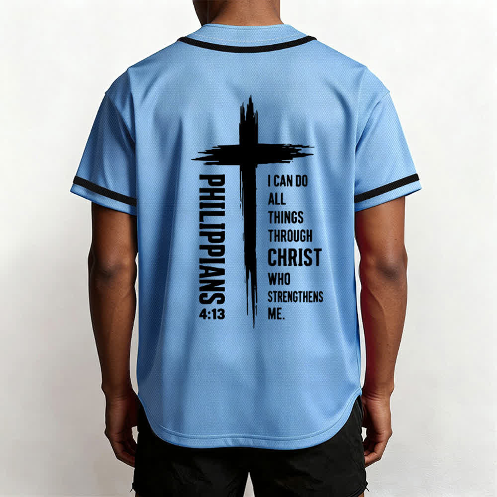 Christianartworkshop Philippians 4:13 Cross Graphic Contrast Trim Baseball Jersey - image 54