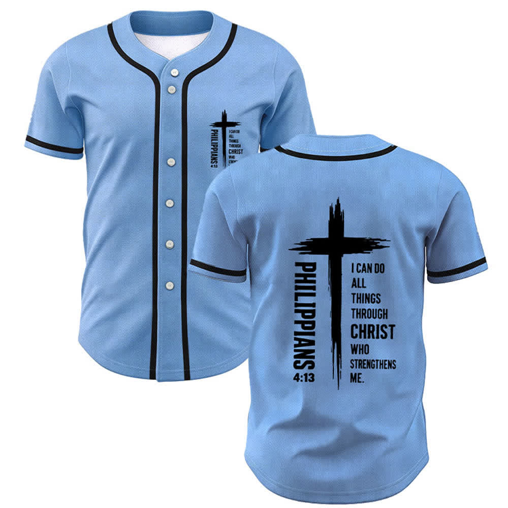 Christianartworkshop Philippians 4:13 Cross Graphic Contrast Trim Baseball Jersey - Sky Blue - 5XL - image 49