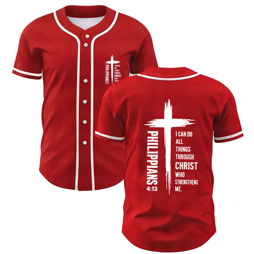 Christianartworkshop Philippians 4:13 Cross Graphic Contrast Trim Baseball Jersey - Red - 5XL - image 42