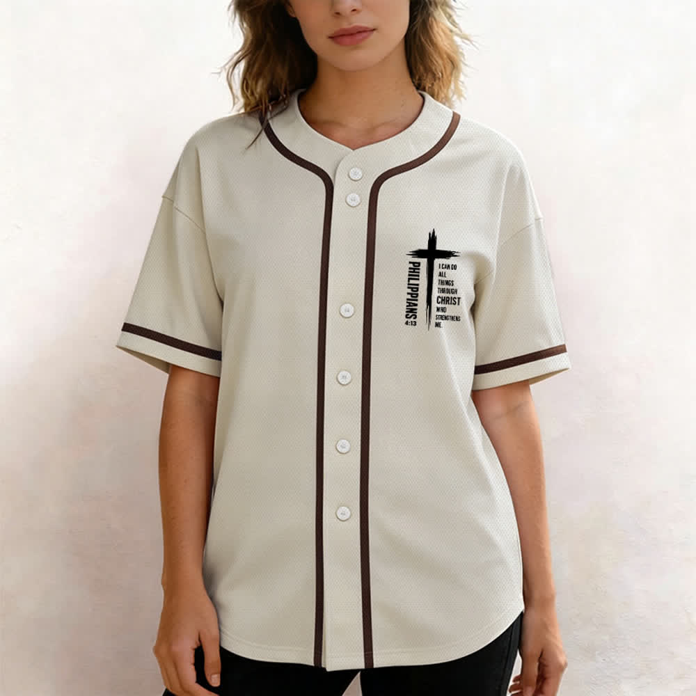 Christianartworkshop Philippians 4:13 Cross Graphic Contrast Trim Baseball Jersey - image 25