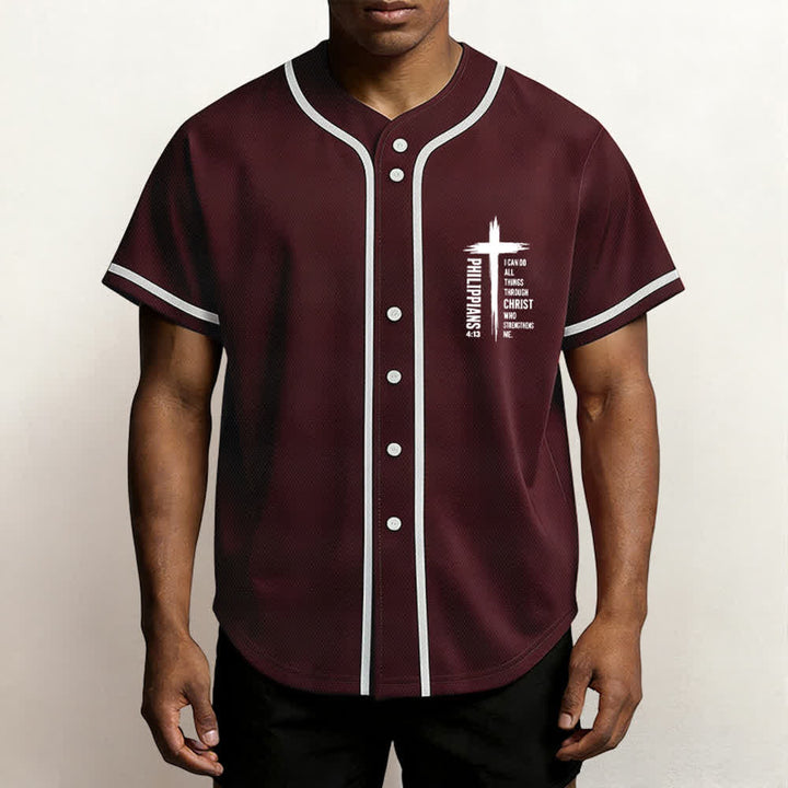 Christianartworkshop Philippians 4:13 Cross Graphic Contrast Trim Baseball Jersey - image 6