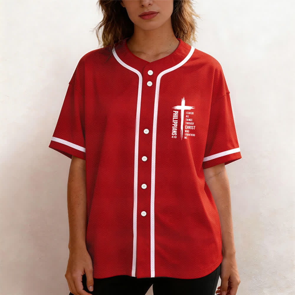 Christianartworkshop Philippians 4:13 Cross Graphic Contrast Trim Baseball Jersey - image 46