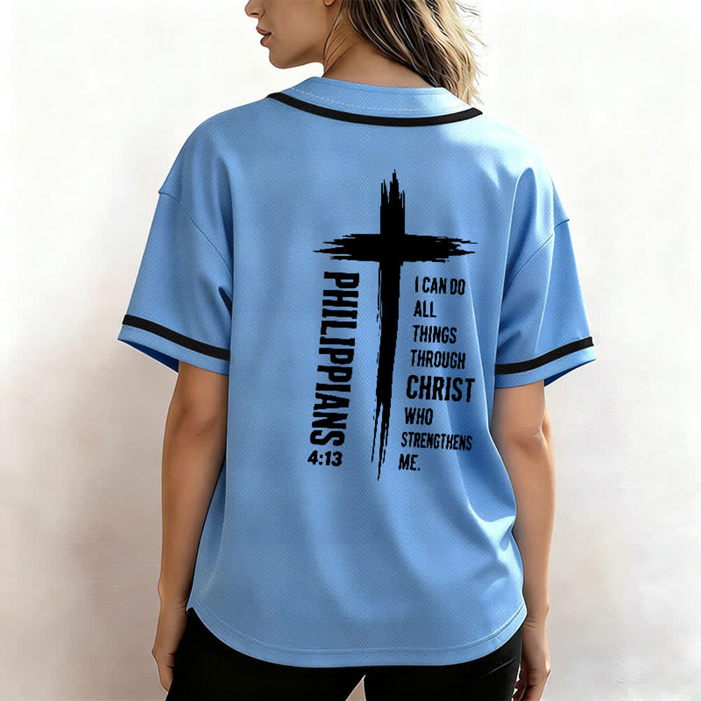 Christianartworkshop Philippians 4:13 Cross Graphic Contrast Trim Baseball Jersey - image 52