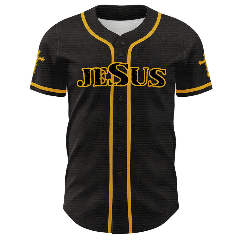 Christianartworkshop Jesus Cross Black Gold Button Up Baseball Jersey - image 2