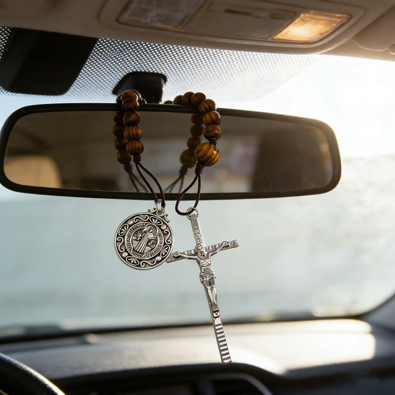 Christianartworkshop Vintage Wood Bead Car Pendant With St.Benedict Medal & Crucifix: Emblem of Stable Roadside Heavenly Protection - image 0